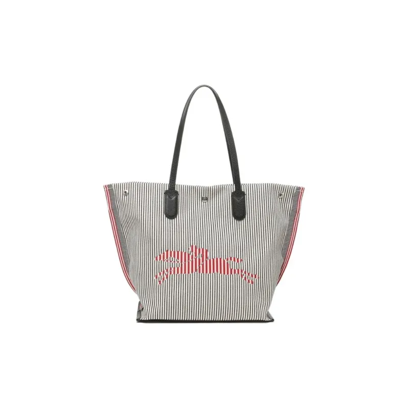 LONGCHAMP Cow Leather Tote Bag Shopping Bag Shoulder Bags Women's Marine Blue & Grey White Stripes-0