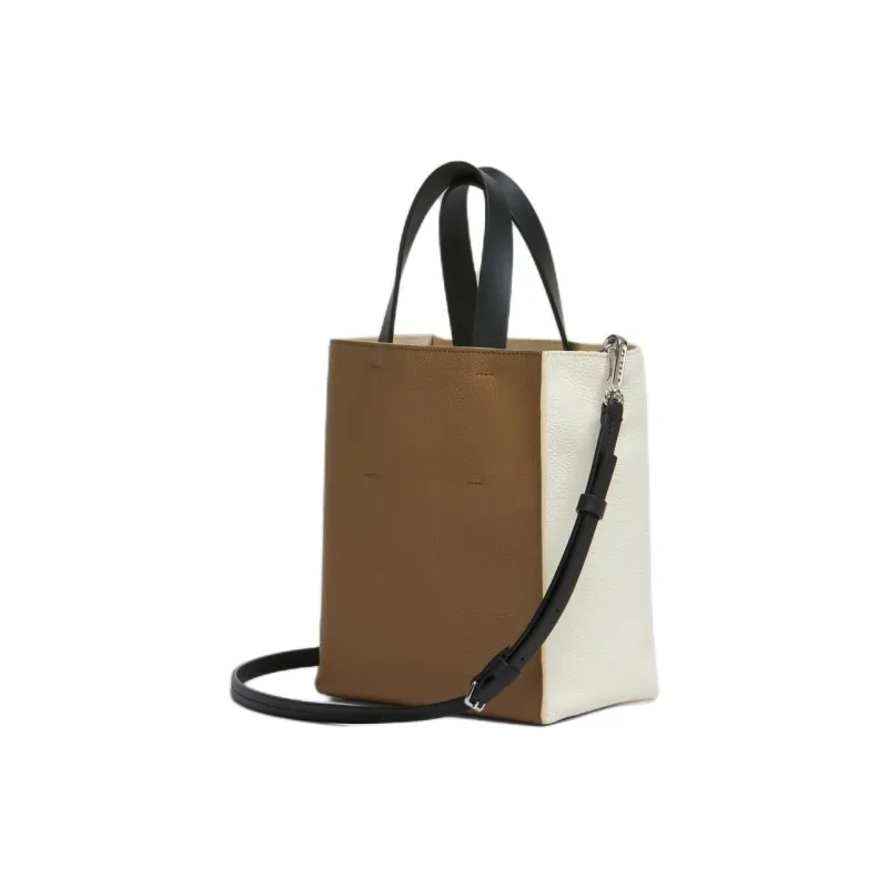 MARNI Museo Calfskin Tote Bag, Shopping Bag, Shoulder Bag, Handbag Mini Women's Ivory & Brown-2