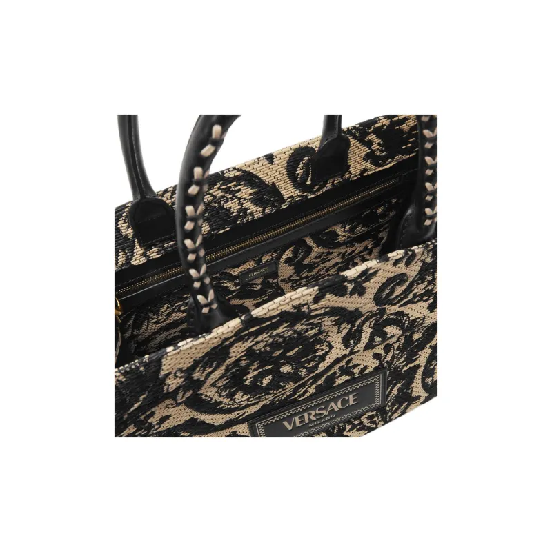 VERSACE Raffia Fiber Tote Bag, Shopping Bag, Crossbody Bag, Handbag Women's Black & Brown-3