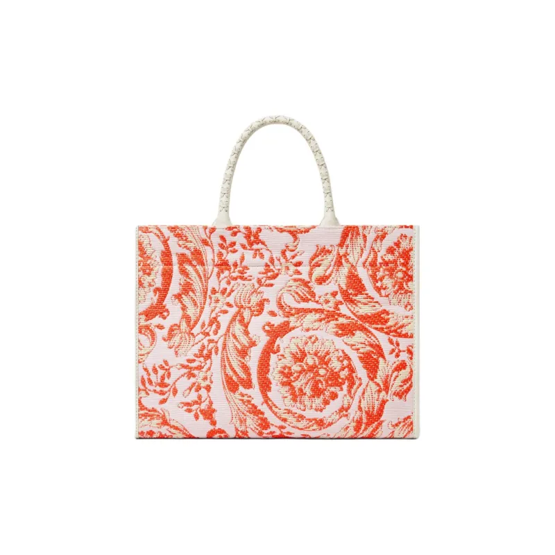 VERSACE Raffia Fiber Tote Bag, Shopping Bag, Shoulder Bag, Crossbody Bag, Handbag Women's Orange & White-2
