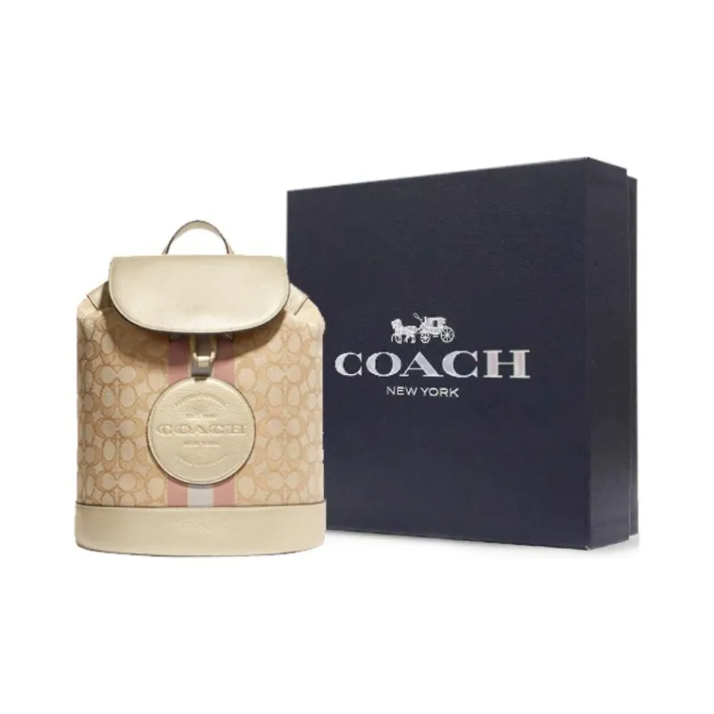 COACH Dempsey Jacquard Fabric With Pebbled Leather And Calfskin Backpack Medium Size Women's Khaki-5