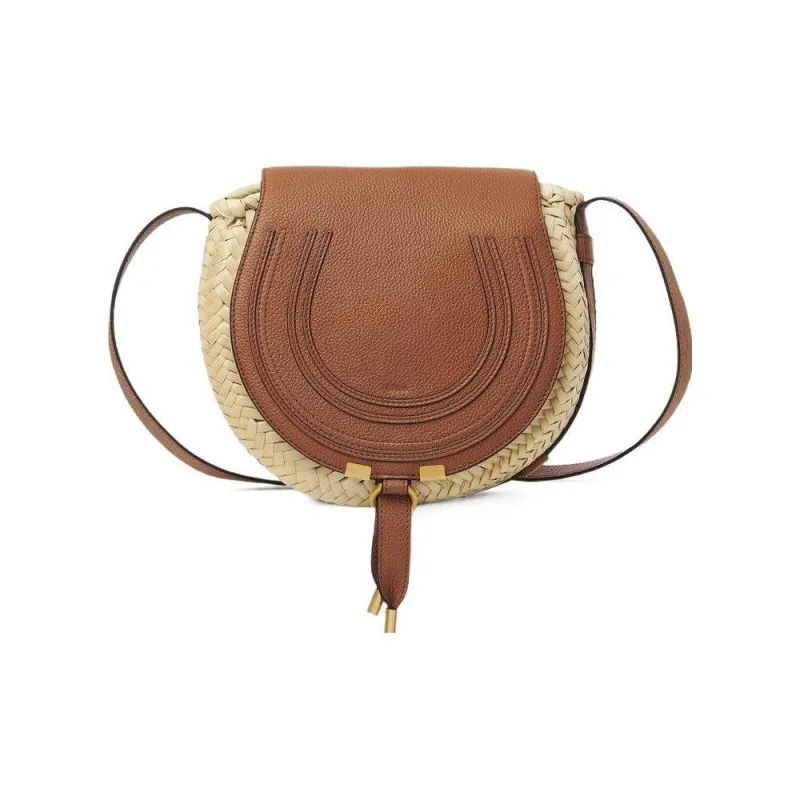 Chloe Marcie Raffia Design Grained Calfskin Saddle Bag Shoulder Bag Crossbody Bag Small Size Women's Beige/Brown-1