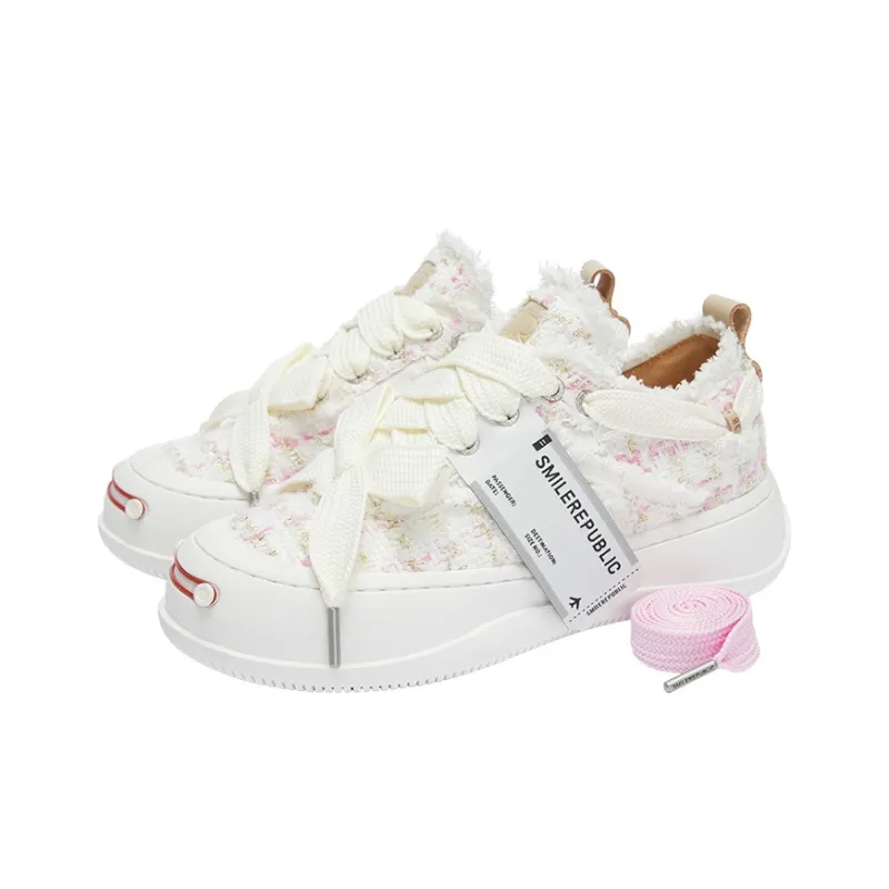 SMILEREPUBLIC PINK WHITE TWEED 'Chance Encounter' Height Increasing Low-Top Canvas Shoes Unisex Pink White-2