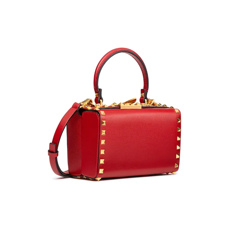 Valentino ROCKSTUD ALCOVE Calfskin Box Bag Shoulder Bag Crossbody Bag Handbag Small Size Women's Red-1