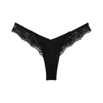 Victoria's Secret VERY SEXY Rose Lace-Trim High-LegThongPanty/Bk Underpants Women's 1 Pack Black