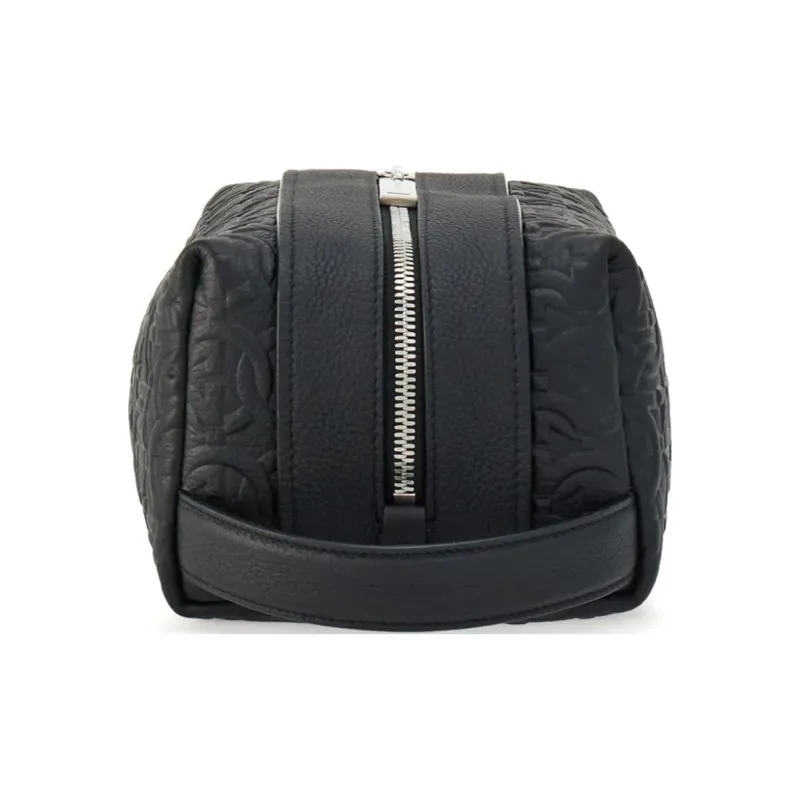 FERRAGAMO GANCINI Embossed Hammered Calfskin Makeup Bags Toiletry Bags Men's Black-1