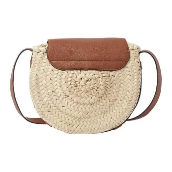 Chloe Marcie Raffia Design Grained Calfskin Saddle Bag Shoulder Bag Crossbody Bag Small Size Women's Beige/Brown