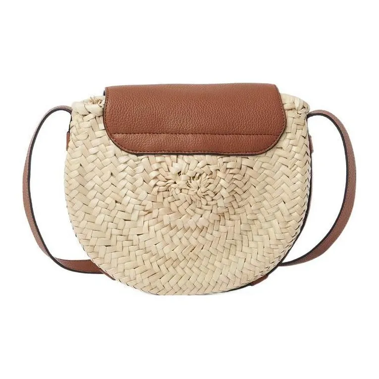 Chloe Marcie Raffia Design Grained Calfskin Saddle Bag Shoulder Bag Crossbody Bag Small Size Women's Beige/Brown-0