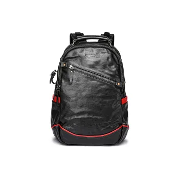 FAIRWHALE Top Grain Cow Leather Backpack Regular Men's Deep Black & Red Deep Black Jinqi Brown