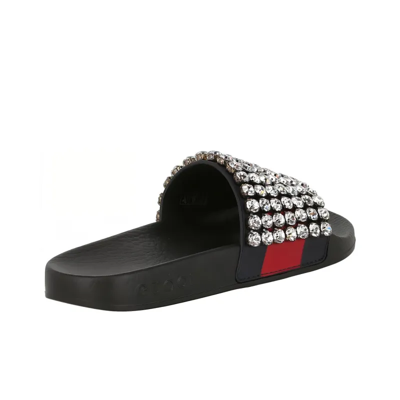 GUCCI Crystal Embellished Web Slide Black Blue Red Women's-3