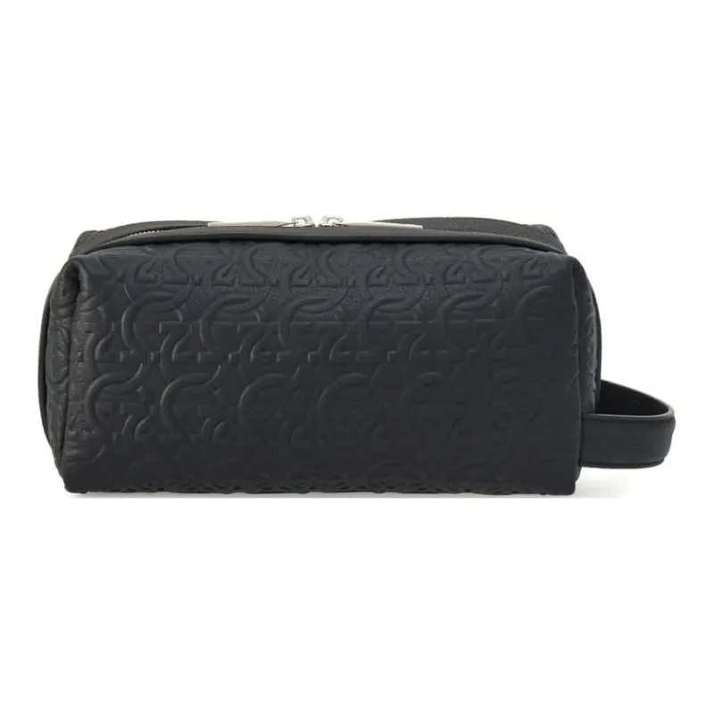 FERRAGAMO GANCINI Embossed Hammered Calfskin Makeup Bags Toiletry Bags Men's Black-2