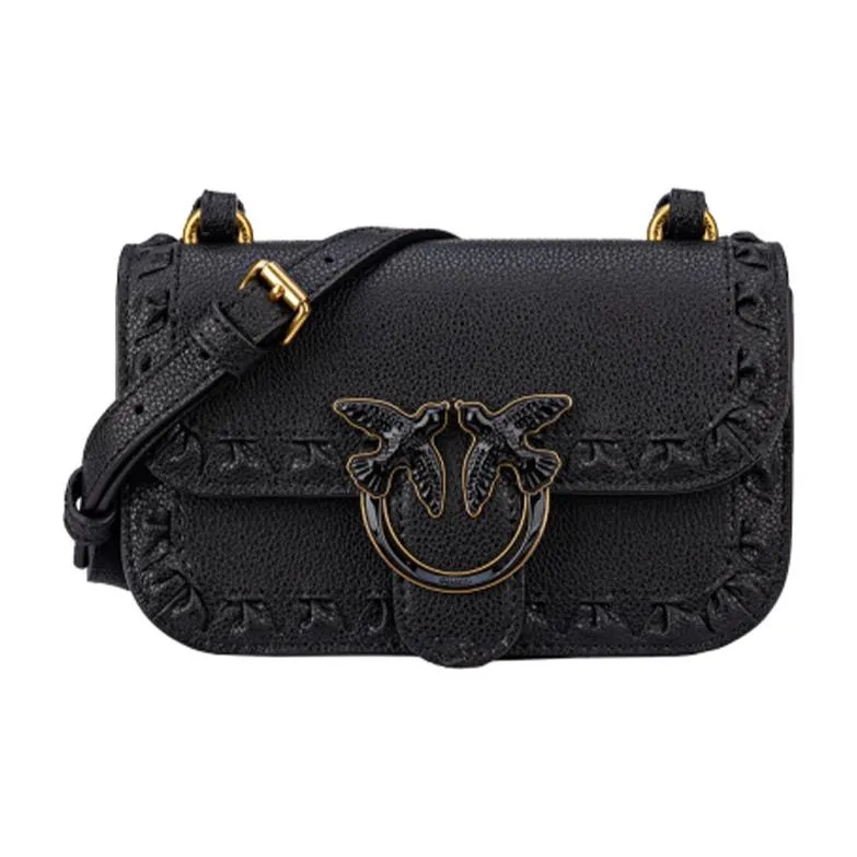 PINKO Cow Leather Shoulder Bag Crossbody Bag Small Size Women's Black-0