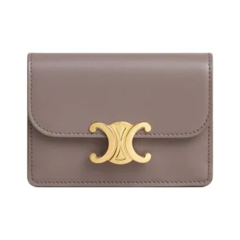 CELINE Triomphe Shiny Calfskin Patchwork Leather Card Holder Women's Eggstone Gray