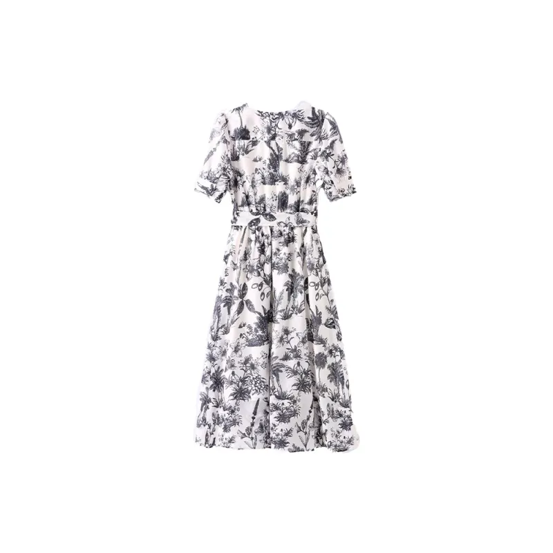 Mapping Short-Sleeved Dresses Women's White With Black Flowers-1