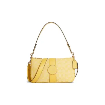 COACH Jacquard Fabric With Leather Shoulder Bag, Crossbody Bag Medium Size Women's Yellow Cream & Macaron Color