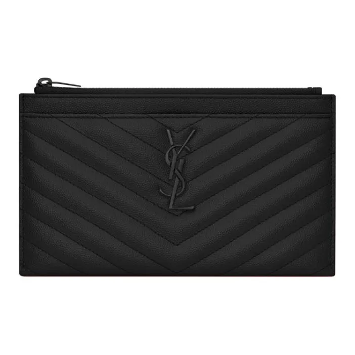 SAINT LAURENT Monogram Quilting Leather Clutches Wallets Women's Black-0