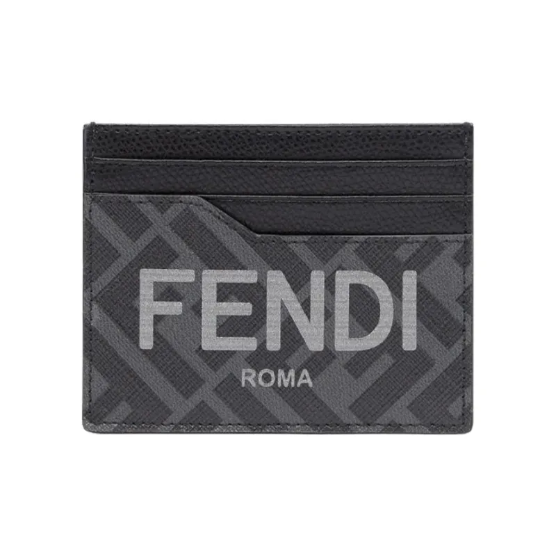 FENDI ROMA Calfskin Card Holder Men's Black & Gray-0