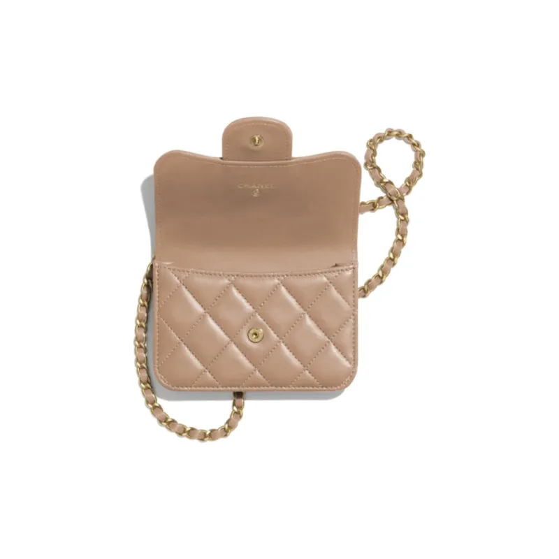 CHANEL Lambskin Flap Bag, Coin Purse, Shoulder Bag, Crossbody Bag Women's Nude Milk Tea-1