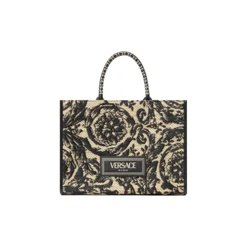 VERSACE Raffia Fiber Tote Bag, Shopping Bag, Crossbody Bag, Handbag Women's Black & Brown