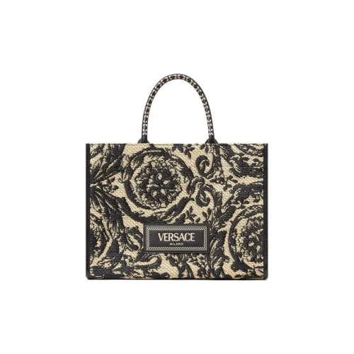 VERSACE Raffia Fiber Tote Bag Shopping Bag Crossbody Handbag Women's Black & Brown