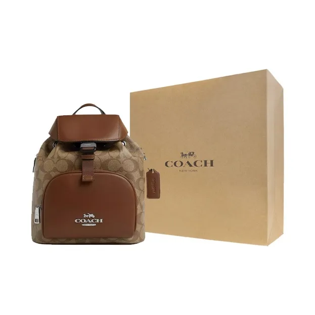 COACH Coated Canvas With Genuine Calfskin Backpack Small Size Women's Khaki & Saddle Brown-7
