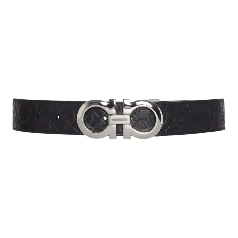 FERRAGAMO Salvatore Men's Gamma Embossed Leather Double Gancini Belt-3