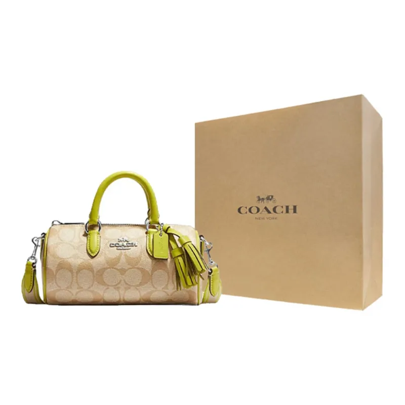 COACH Lacey Coated Canvas With Leather Boston Bag Handbag Shoulder Bag Crossbody Bag Small Size Women's Brown Yellow-6