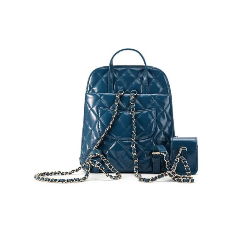 CHANEL Shiny Cow Leather 2 in 1 Earphone Case Backpack Women's Blue-1