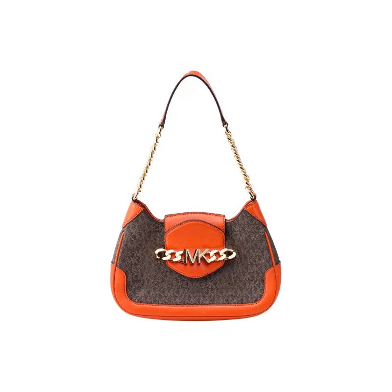 MICHAEL KORS Hally Cow Leather With Artificial Leather Handbag, Shoulder Bag Women's Dark Brown & Orange Red-1