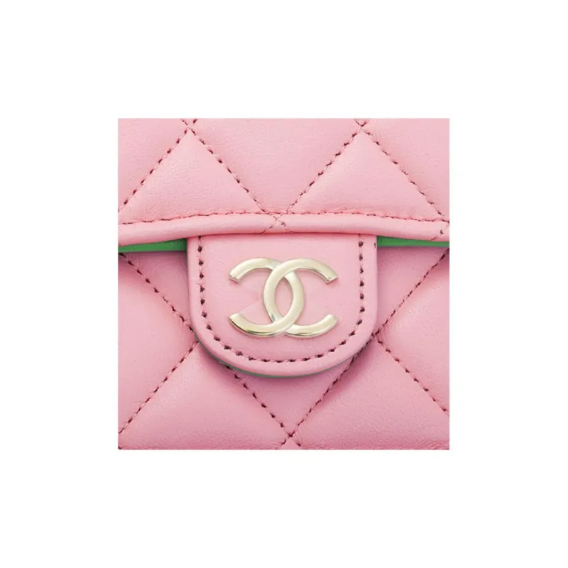 CHANEL WOC Sheepskin Handbag, Shoulder Bag, Crossbody Bag Mini Women's Pink Green-3