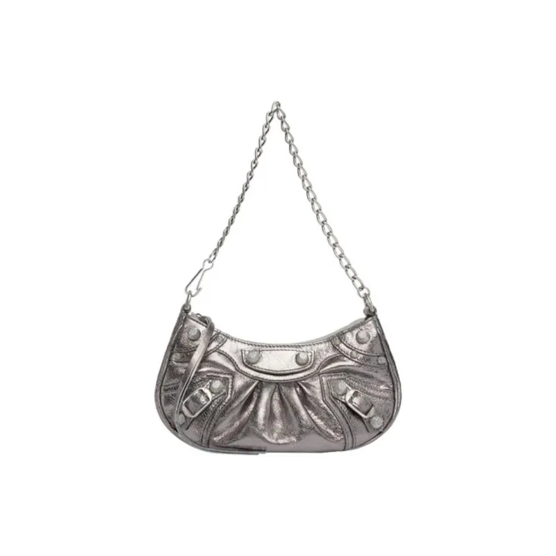 Balenciaga Cow Leather Biker Bag, Dumpling Bag, Crossbody Bag Mini Women's Silver-0
