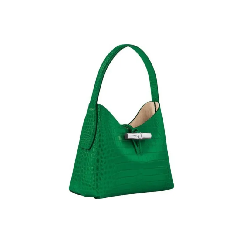 LONGCHAMP Roseau Crocodile-Embossed Calfskin Handbag Shoulder Bag Women's Green-1