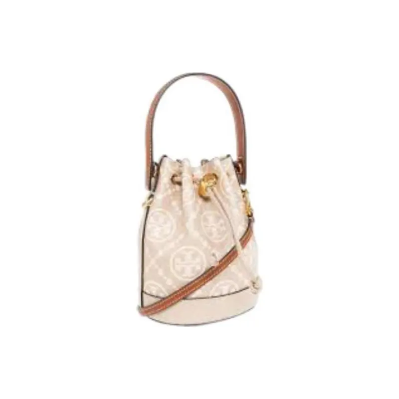 TORY BURCH T Monogram Leather Bucket Bag, Handbag, Shoulder Bag, Crossbody Bag Women's Longan Brown & Cream White-1