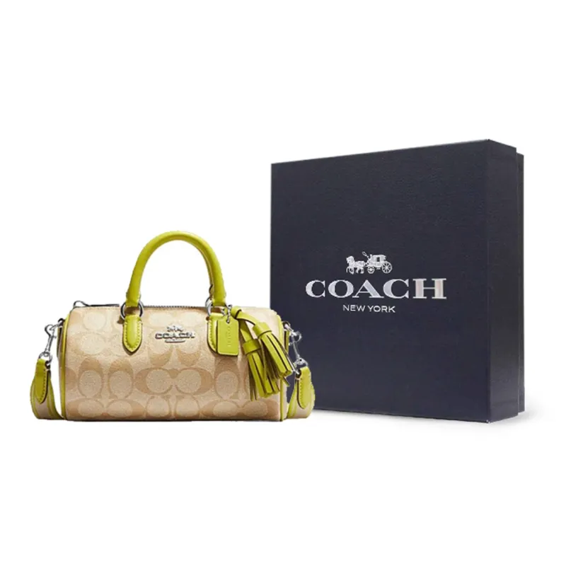 COACH Lacey Coated Canvas With Leather Boston Bag Handbag Shoulder Bag Crossbody Bag Small Size Women's Brown Yellow-5