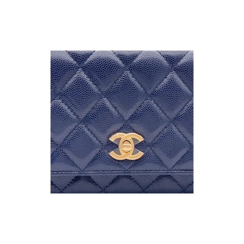 CHANEL Grain Embossed Caviar Cow Leather Woc Wallet On Chain Shoulder Bag, Crossbody Bag Women's Blue Black-2