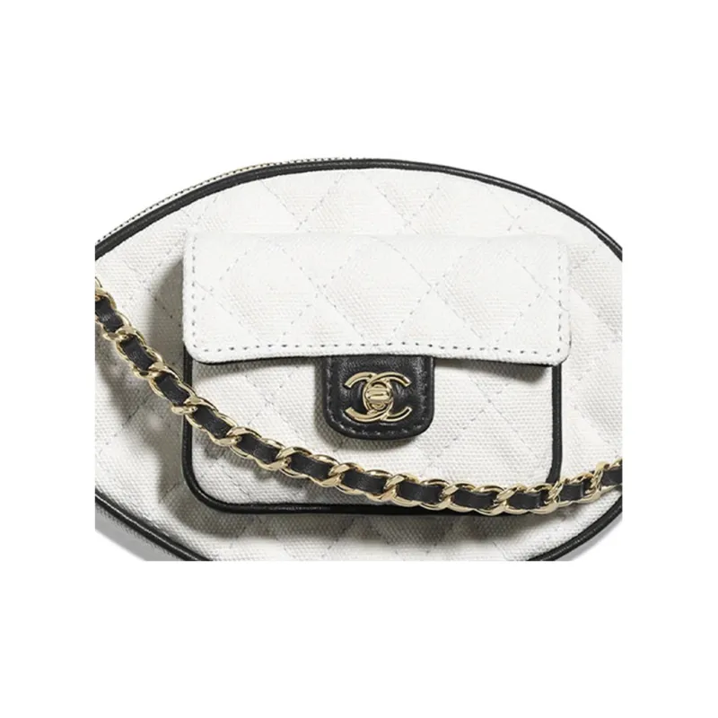 CHANEL Cotton With Canvas And Calfskin Canvas Bag, One Shoulder Crossbody Clutch Women's White-2