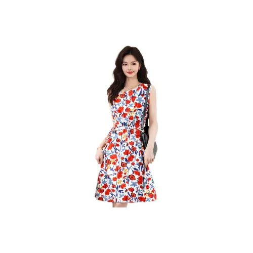 Wbwq Sleeveless Dresses Women's Red And Blue Floral Pattern