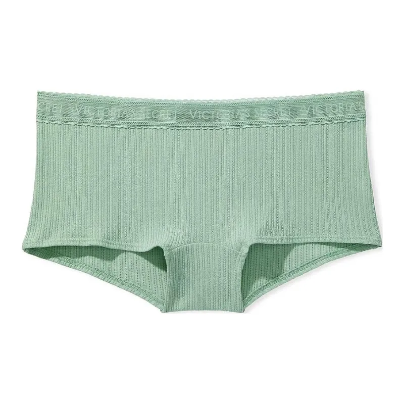Victoria's Secret Logo Cotton Lace-Waist Boyshort Panty Green Underpants Women's 1 Pack Green-0