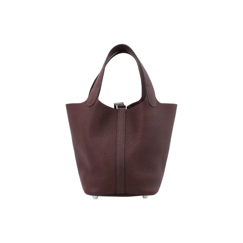 HERMES Clemence Bullock Leather Basket Bag, Bucket Bag, Handbag 18 Women's 0G Rouge Sellier Saddle Red-4