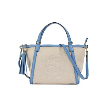 GUCCI Cotton Patchwork Leather Tote Bag Shopping Bag Shoulder Bag Crossbody Bag Handbag Regular Women's Beige/Blue
