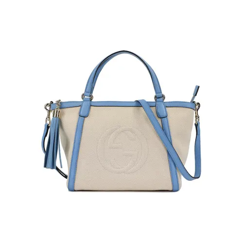 GUCCI Cotton Patchwork Leather Tote Bag Shopping Bag Shoulder Bag Crossbody Bag Handbag Regular Women's Beige/Blue