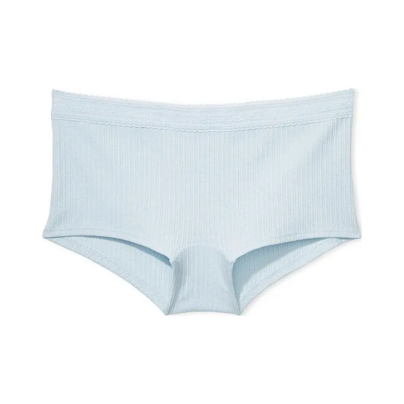 Victoria's Secret Logo Cotton Lace-Waist Boyshort Panty BB Underpants Women's 1 Pack Folk Blue-0