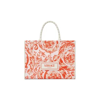VERSACE Raffia Fiber Tote Bag, Shopping Bag, Shoulder Bag, Crossbody Bag, Handbag Women's Orange & White