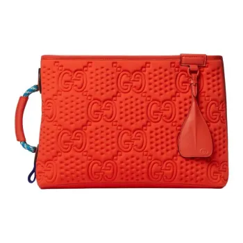 GUCCI Polyurethane With Artificial Silk And Leather Clutch Large Size Women's Orange