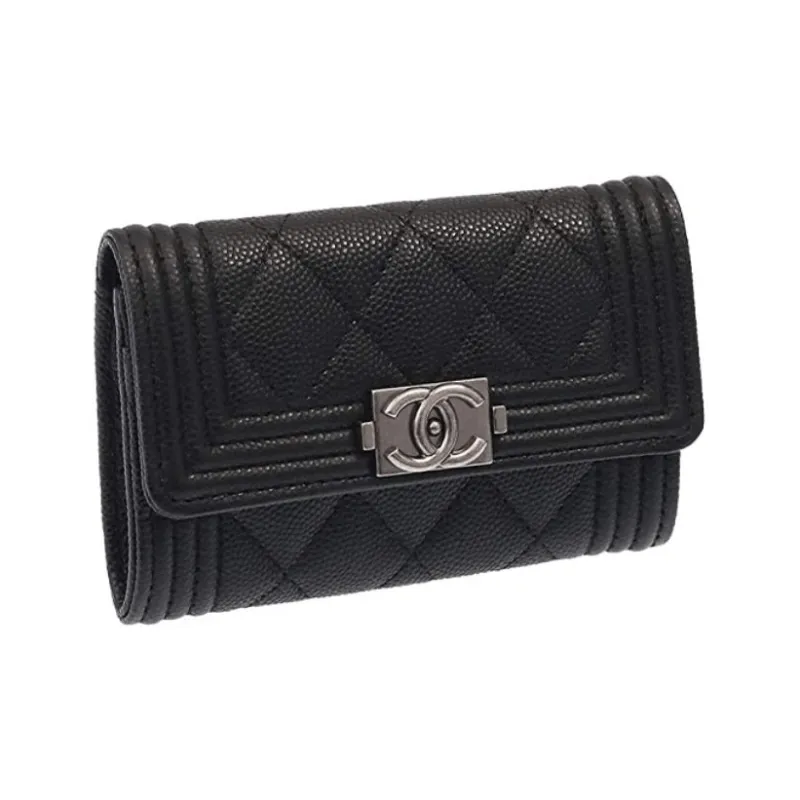 CHANEL LEBOY Litchi Skin Mouth Cover Wallet Card Holder Women's Black-1