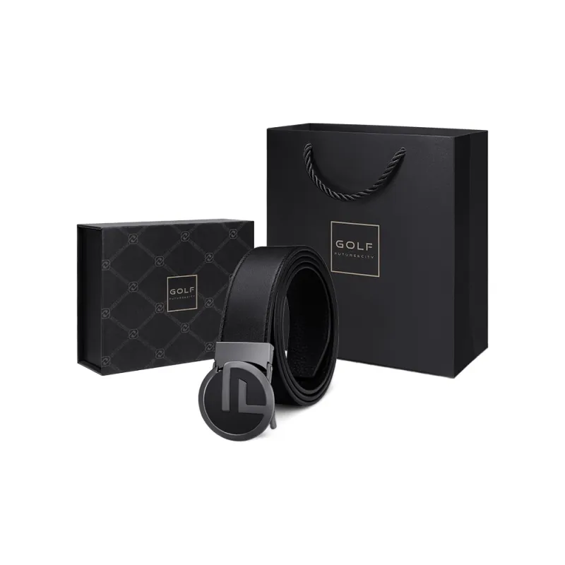 GOLF Top Grain Cow Leather Automatic Buckle Belt Men's Black Gunmetal/Gold 3.5cm-2