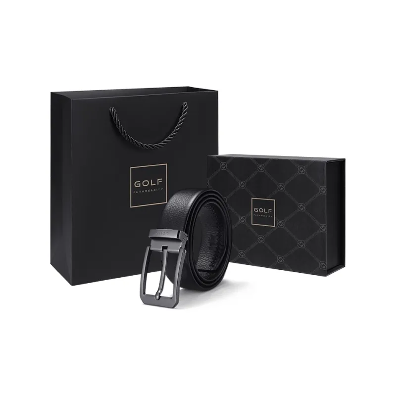 GOLF Top Grain Cow Leather Pin Buckle Belt Men's Black 3.65cm Wide-7