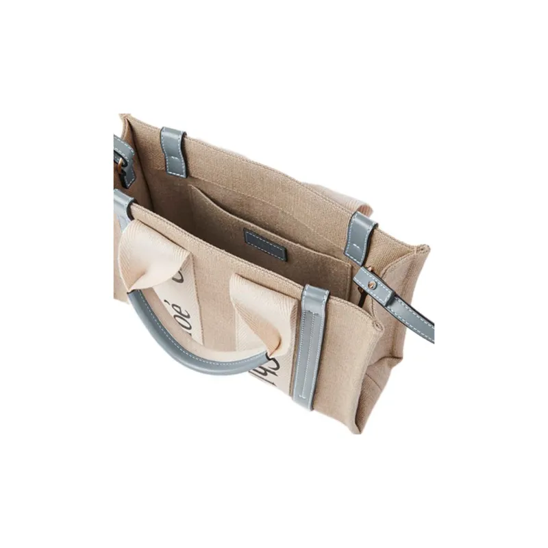 Chloe Woody Cow Leather Tote Bag, Shopping Bag, Handbag, Shoulder Bag, Crossbody Bag Trumpets Women's Beige/Gray Blue-3