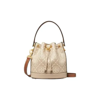 TORY BURCH T Monogram Leather Bucket Bag, Handbag, Shoulder Bag, Crossbody Bag Women's Longan Brown & Cream White