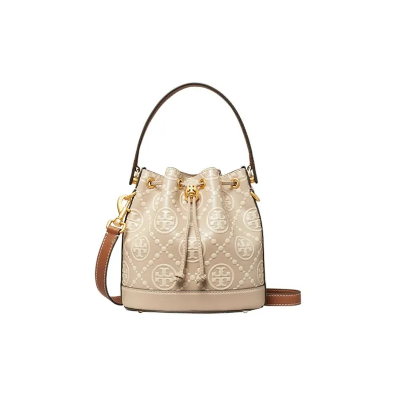 TORY BURCH T Monogram Leather Bucket Bag, Handbag, Shoulder Bag, Crossbody Bag Women's Longan Brown & Cream White-0
